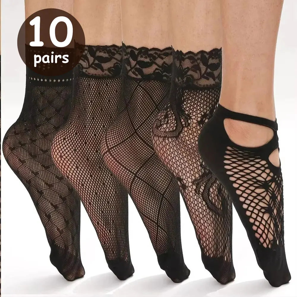 5/10/20 Pairs Vintage Lace Women Socks Summer Mesh Elastic Transparent Ankle Socks Lolita Women Versatile Fishing Net Black Sock