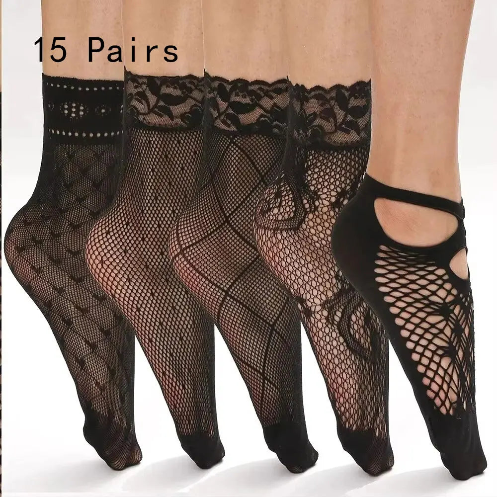 5/10/20 Pairs Vintage Lace Women Socks Summer Mesh Elastic Transparent Ankle Socks Lolita Women Versatile Fishing Net Black Sock