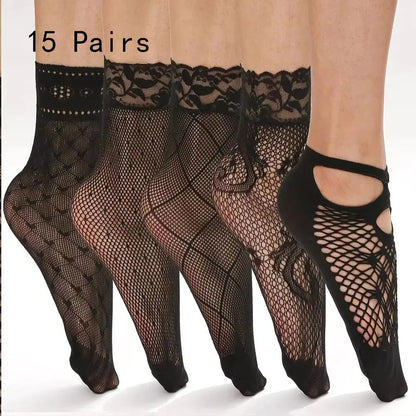 5/10/20 Pairs Vintage Lace Women Socks Summer Mesh Elastic Transparent Ankle Socks Lolita Women Versatile Fishing Net Black Sock