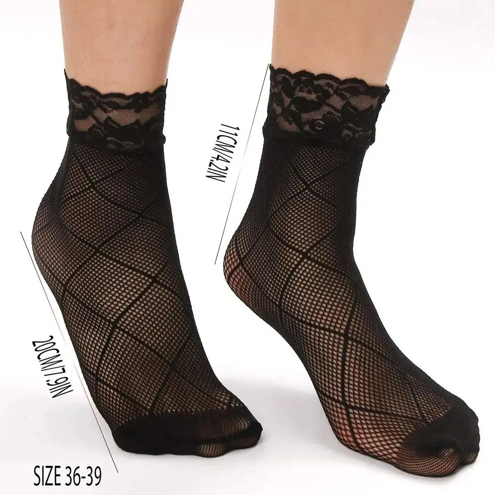 5/10/20 Pairs Vintage Lace Women Socks Summer Mesh Elastic Transparent Ankle Socks Lolita Women Versatile Fishing Net Black Sock