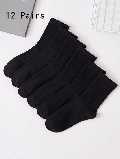 6/12 Pairs Middle Tube Socks For Men And Women Solid Colour In White and Black Fashion Sweat Absorption Breathable and Casual