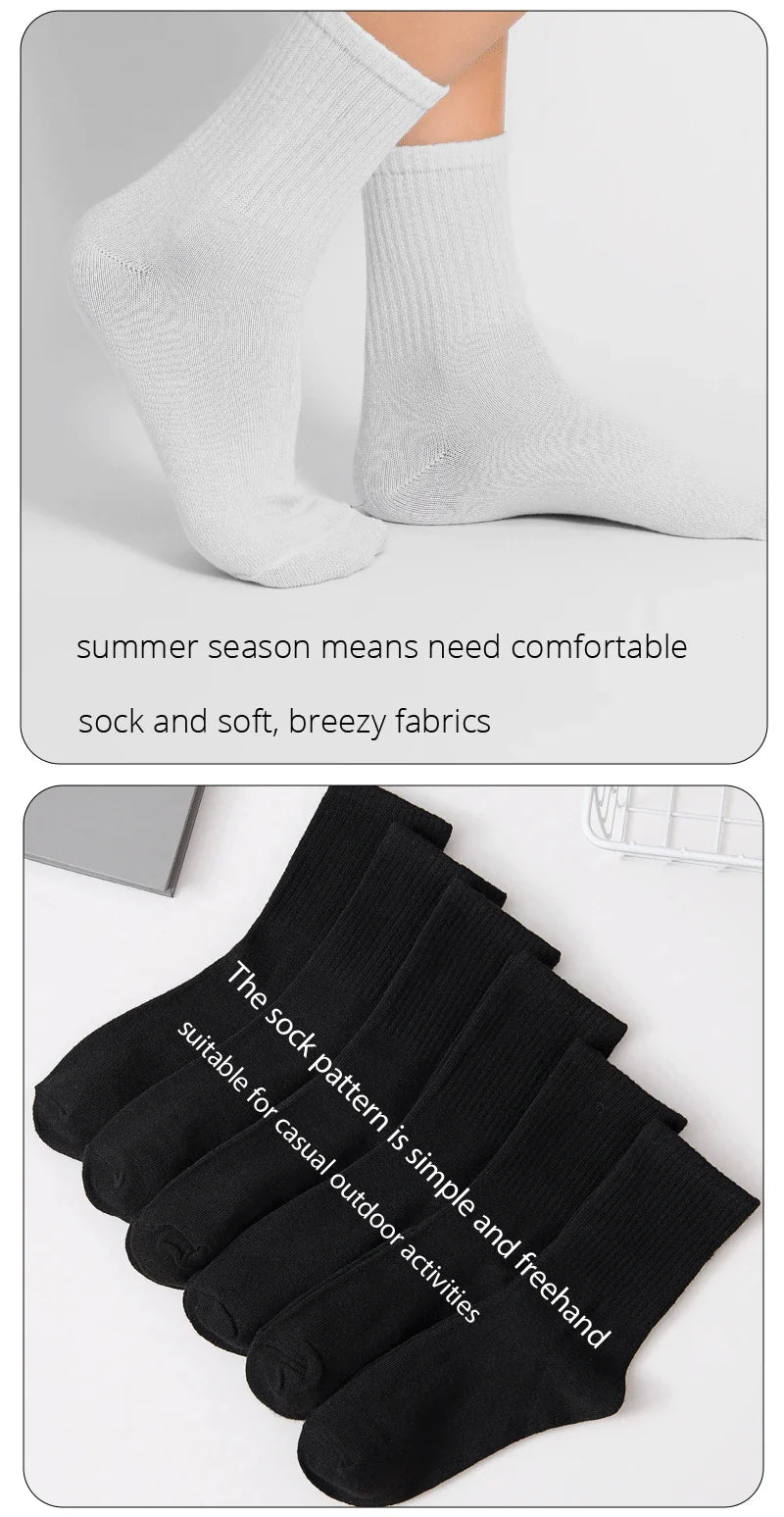 6/12 Pairs Middle Tube Socks For Men And Women Solid Colour In White and Black Fashion Sweat Absorption Breathable and Casual