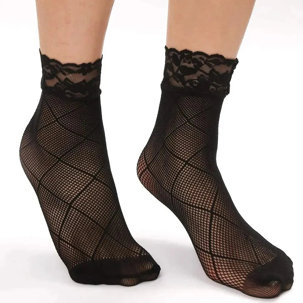 5/10/20 Pairs Vintage Lace Women Socks Summer Mesh Elastic Transparent Ankle Socks Lolita Women Versatile Fishing Net Black Sock