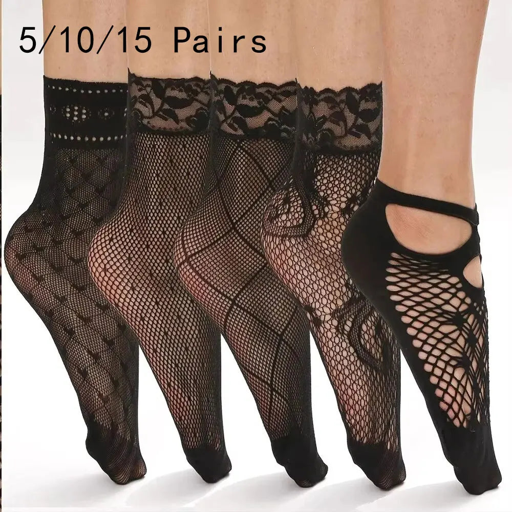 5/10/20 Pairs Vintage Lace Women Socks Summer Mesh Elastic Transparent Ankle Socks Lolita Women Versatile Fishing Net Black Sock