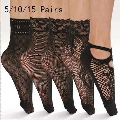 5/10/20 Pairs Vintage Lace Women Socks Summer Mesh Elastic Transparent Ankle Socks Lolita Women Versatile Fishing Net Black Sock