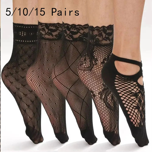 5/10/20 Pairs Vintage Lace Women Socks Summer Mesh Elastic Transparent Ankle Socks Lolita Women Versatile Fishing Net Black Sock