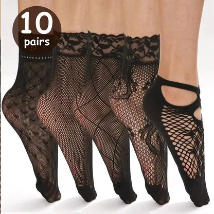 5/10/20 Pairs Vintage Lace Women Socks Summer Mesh Elastic Transparent Ankle Socks Lolita Women Versatile Fishing Net Black Sock
