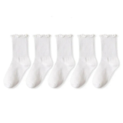 5 /10 Pairs Lot Socks for Women Ruffle Middle Tube Ankle Short Breathable Black White Set Spring Autumn